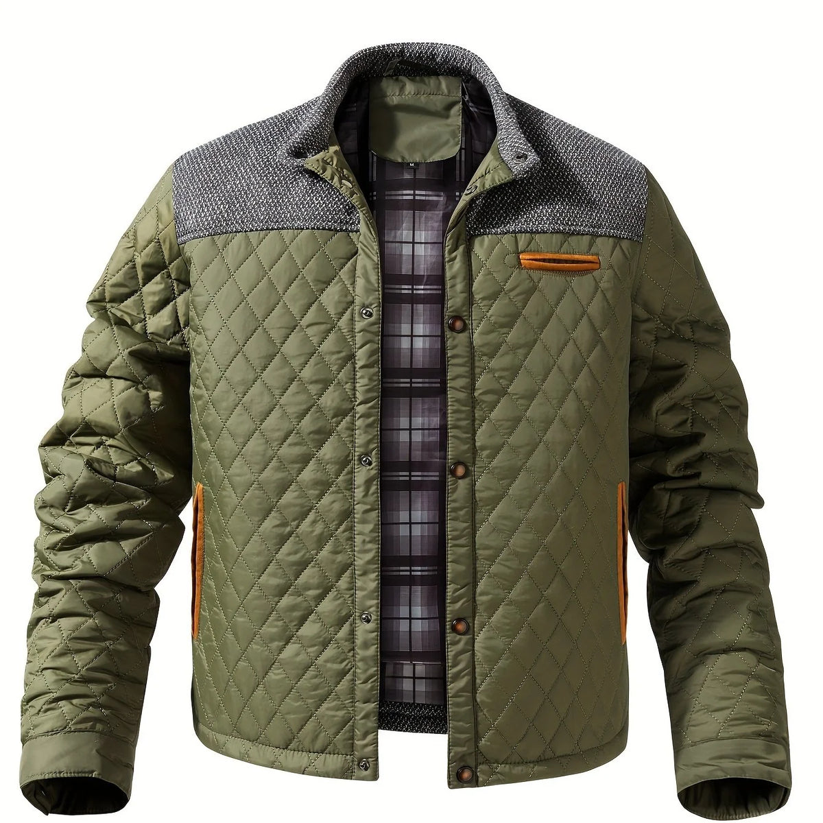 Men's fern green quilted stand-collar jacket with snap-front closure
