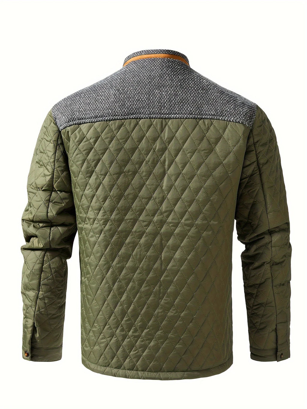 Men's fern green quilted stand-collar jacket with snap-front closure