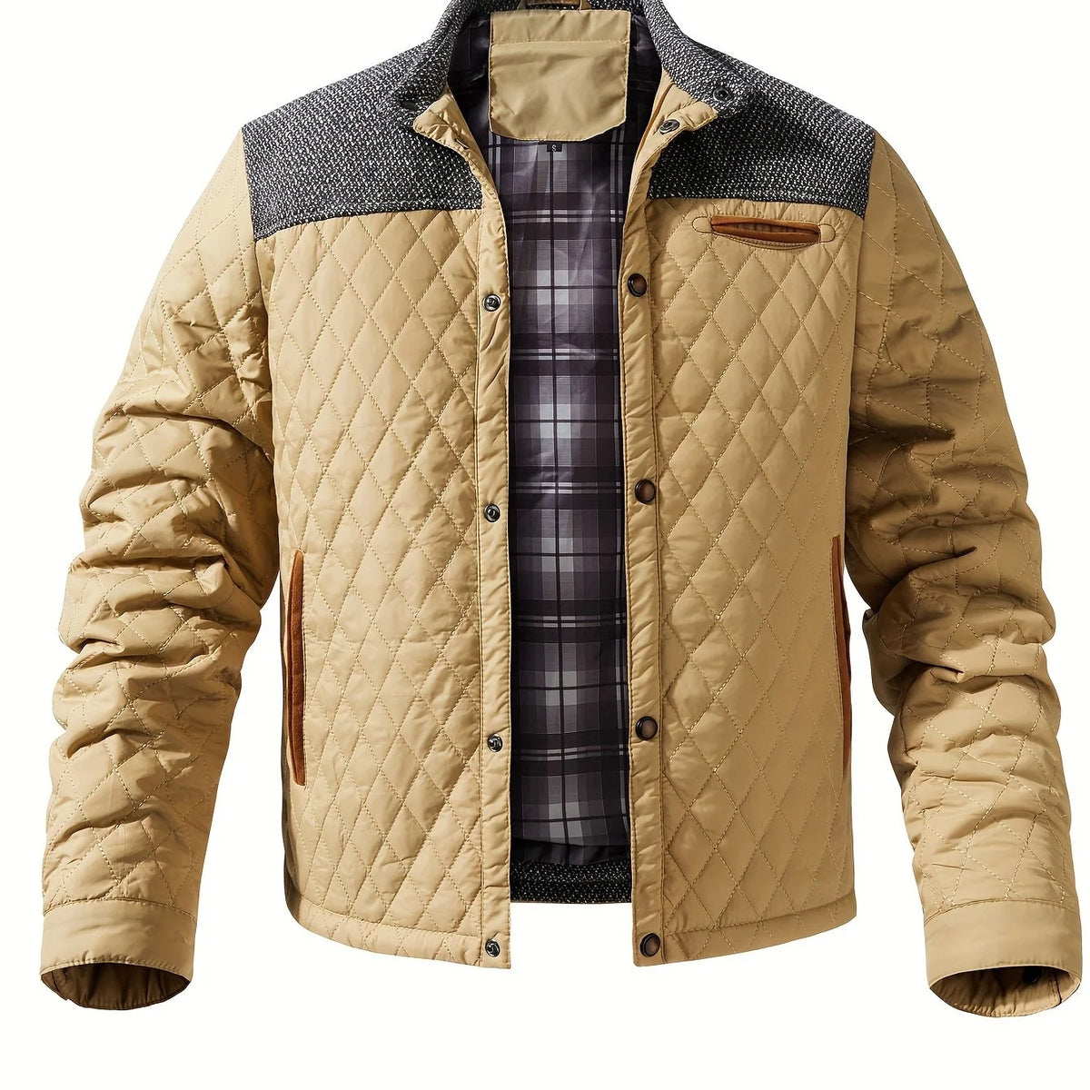 Men's ginger quilted stand-collar jacket with snap-front closure