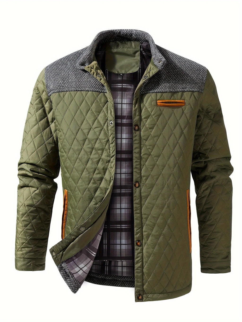 Men's fern green quilted stand-collar jacket with snap-front closure