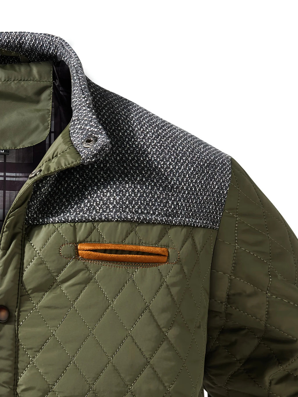 Men's fern green quilted stand-collar jacket with snap-front closure