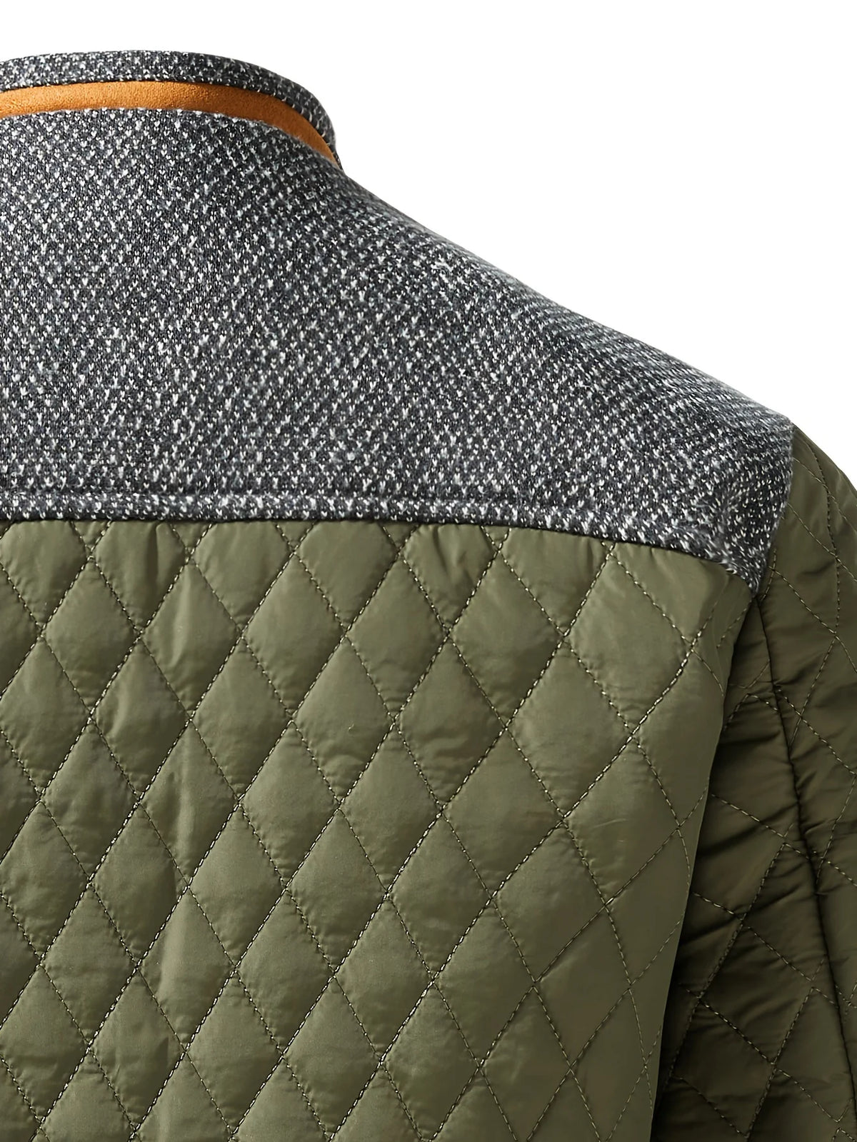 Men's fern green quilted stand-collar jacket with snap-front closure