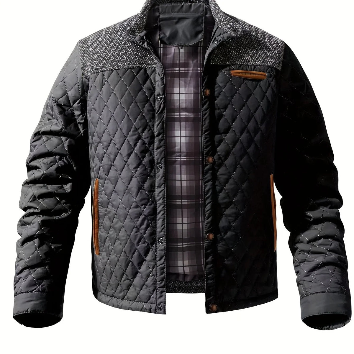 Men's black quilted stand-collar jacket with snap-front closure