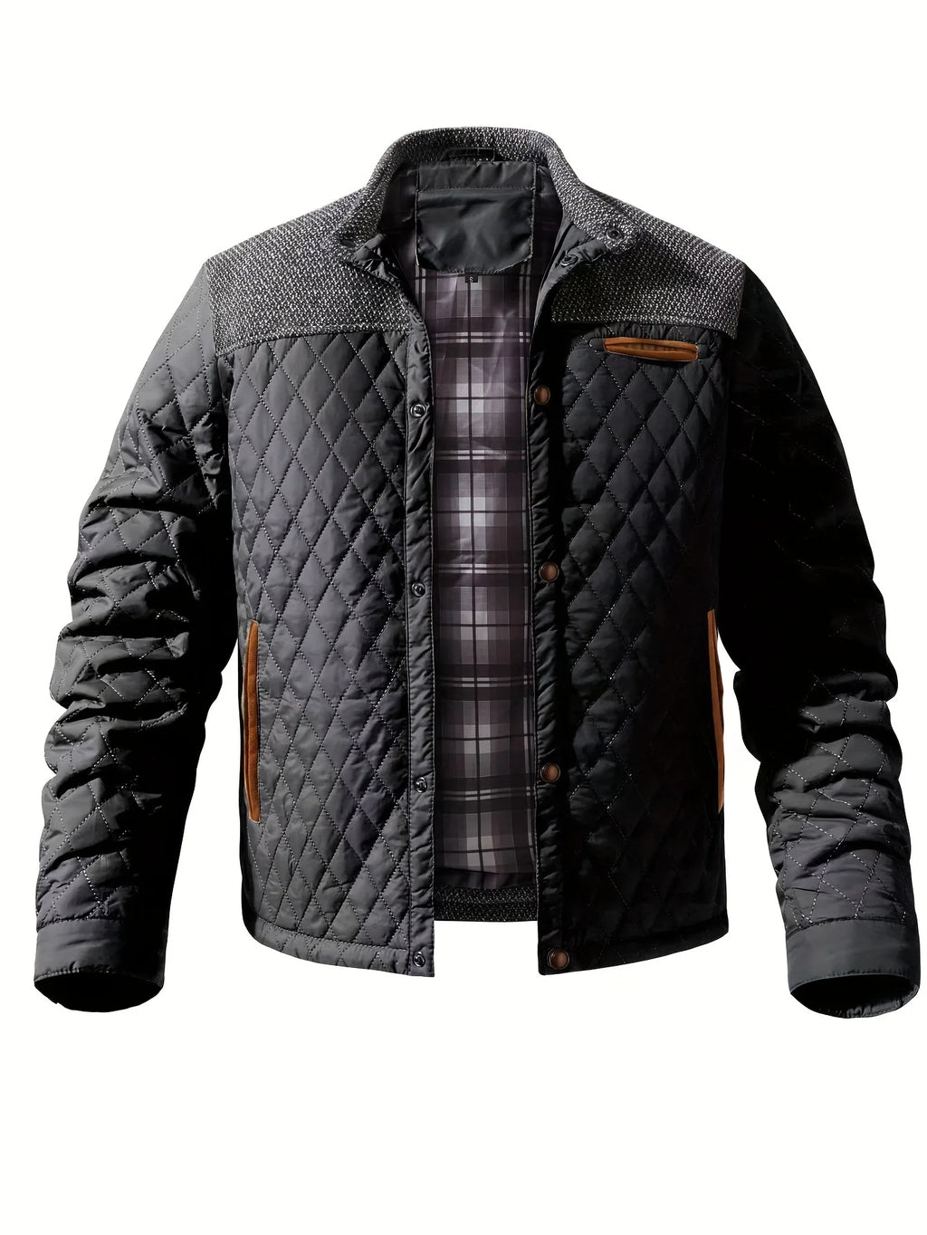 Men's black quilted stand-collar jacket with snap-front closure