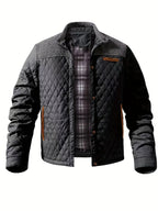 Men's black quilted stand-collar jacket with snap-front closure
