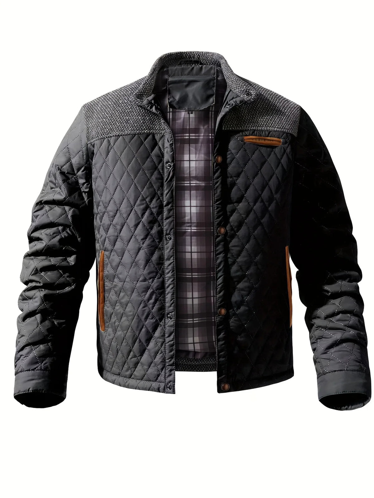 Men's black quilted stand-collar jacket with snap-front closure