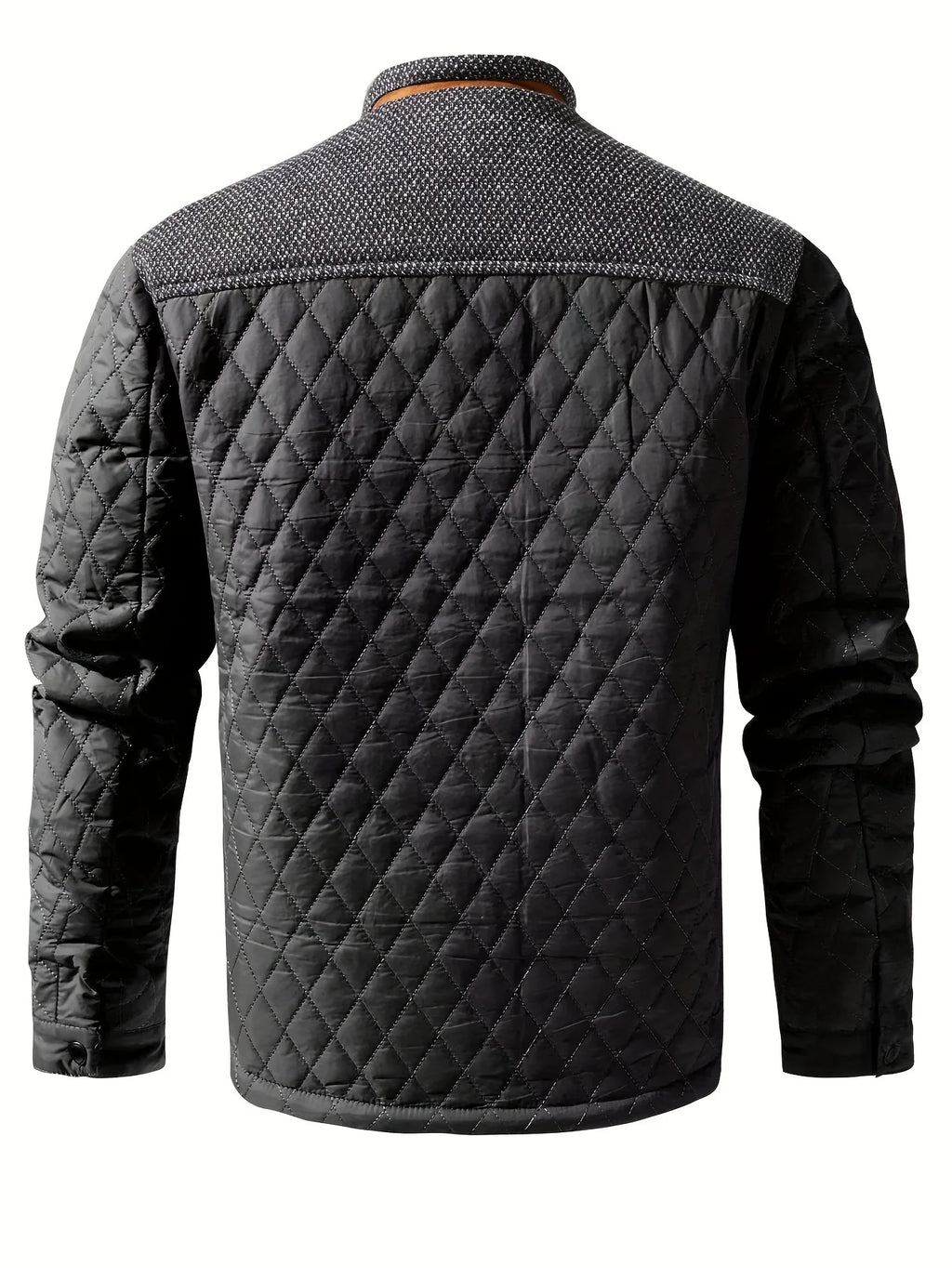Men's black quilted stand-collar jacket with snap-front closure