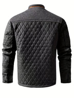 Men's black quilted stand-collar jacket with snap-front closure