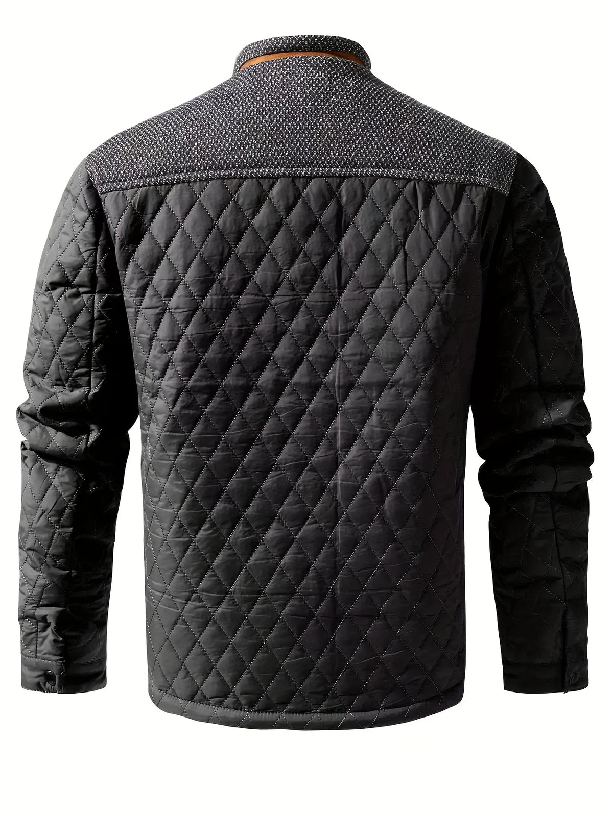 Men's black quilted stand-collar jacket with snap-front closure