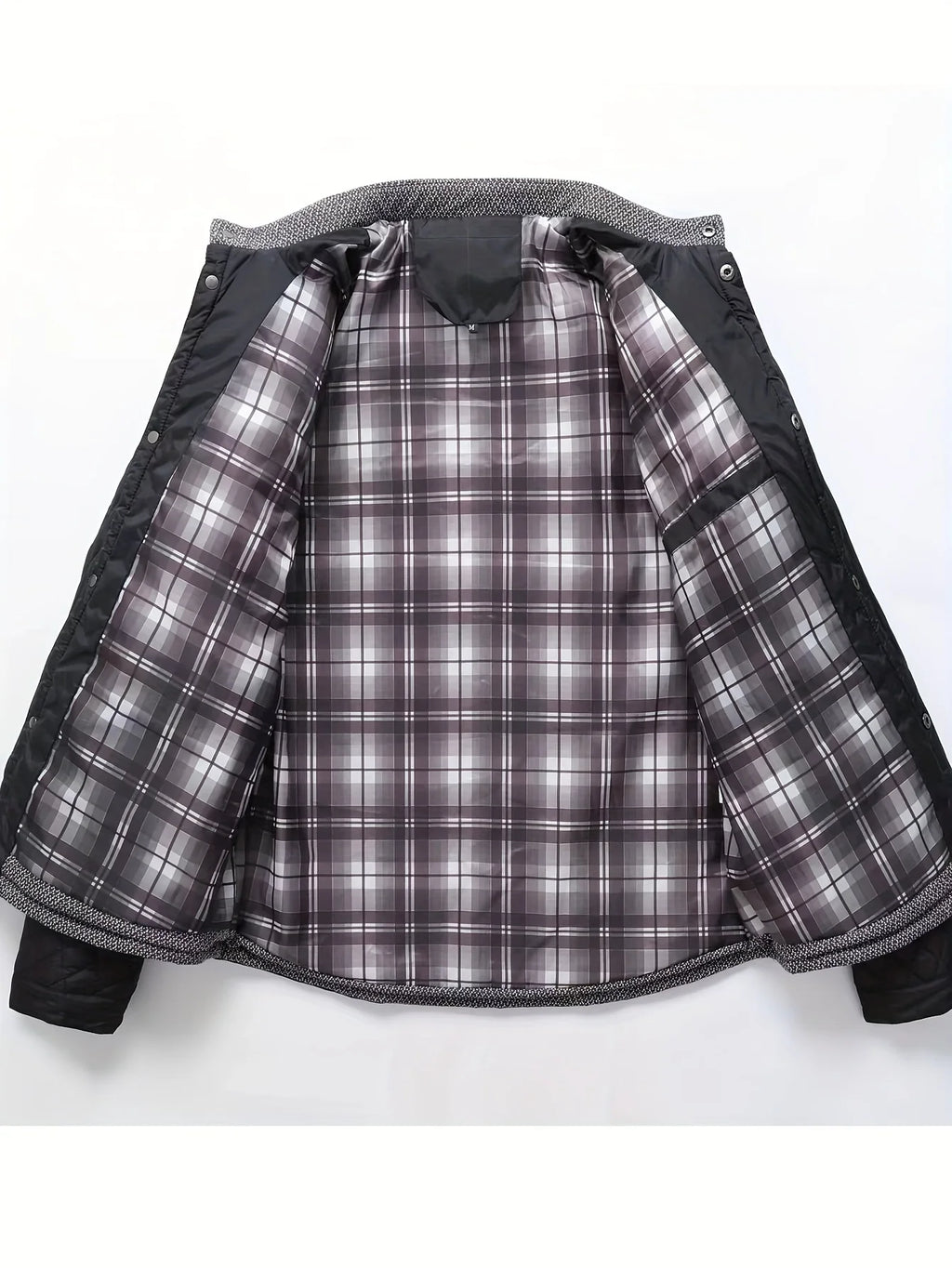 Men's black quilted stand-collar jacket with snap-front closure
