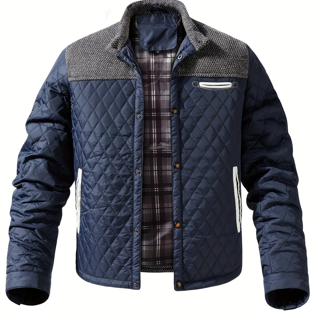 Men's navy quilted stand-collar jacket with snap-front closure