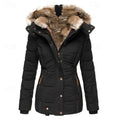 Women's black fitted Hooded Winter Jacket with Faux Fur Trim
