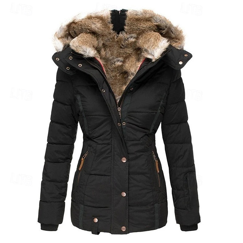 Women's black fitted Hooded Winter Jacket with Faux Fur Trim