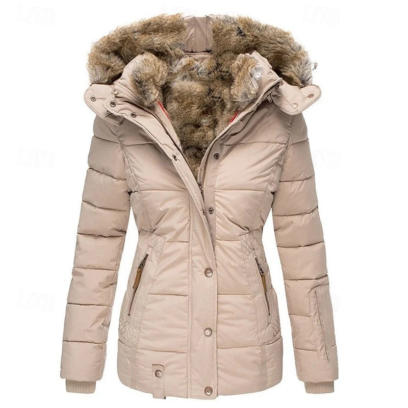 Women's pink fitted Hooded Winter Jacket with Faux Fur Trim