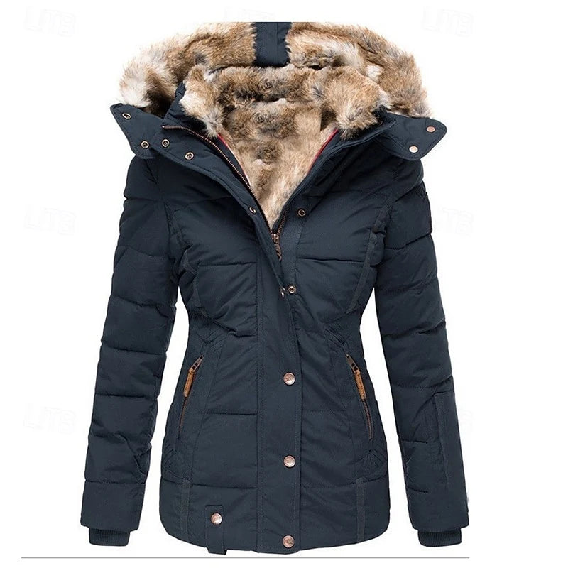 Women's navy blue fitted Hooded Winter Jacket with Faux Fur Trim