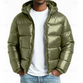 Men's green quilted hooded puffer jacket with full-length zip
