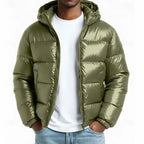 Men's green quilted hooded puffer jacket with full-length zip