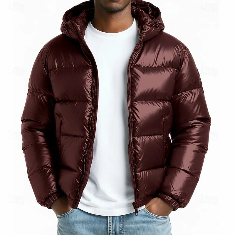Men's wine quilted hooded puffer jacket with full-length zip