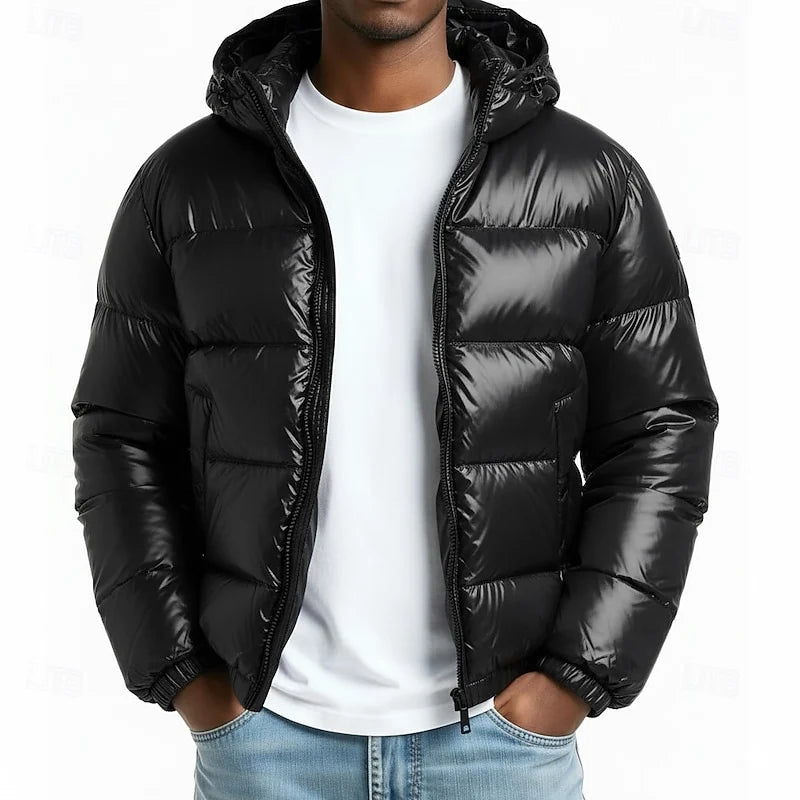 Men's black quilted hooded puffer jacket with full-length zip