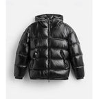 Men's black quilted hooded puffer jacket with full-length zip