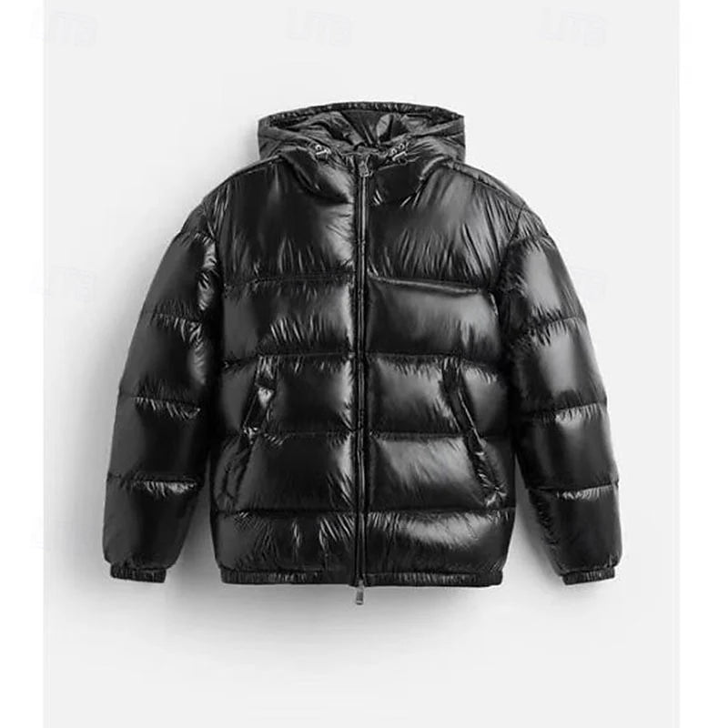 Men's black quilted hooded puffer jacket with full-length zip
