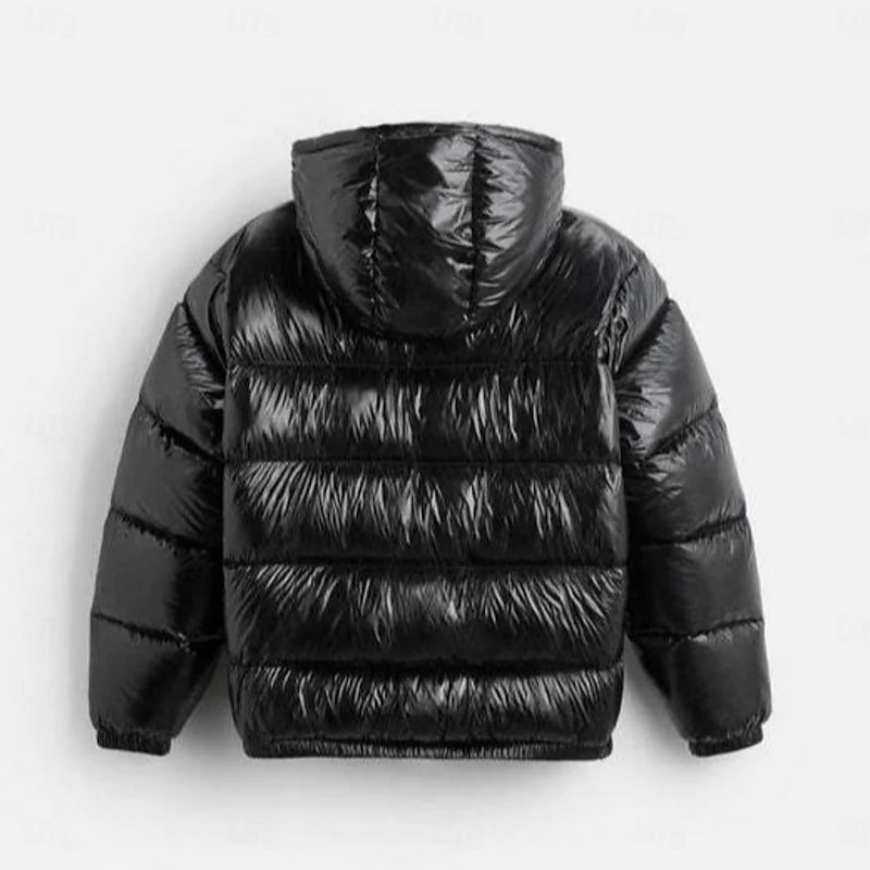 Men's black quilted hooded puffer jacket with full-length zip