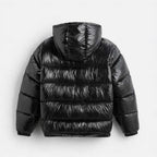 Men's black quilted hooded puffer jacket with full-length zip