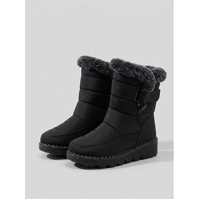 Women's black fur-Trimmed Snow Boots with Buckle Strap for Winter