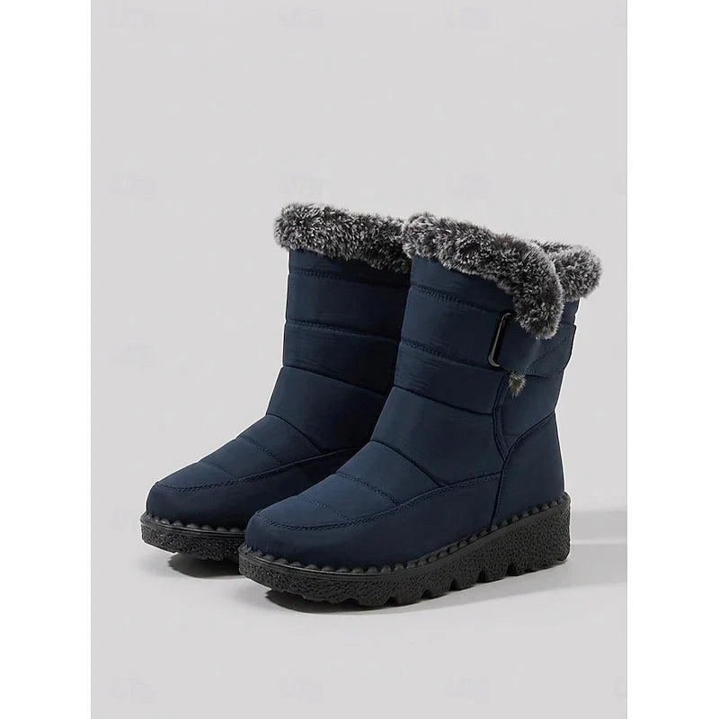 Women's blue fur-Trimmed Snow Boots with Buckle Strap for Winter