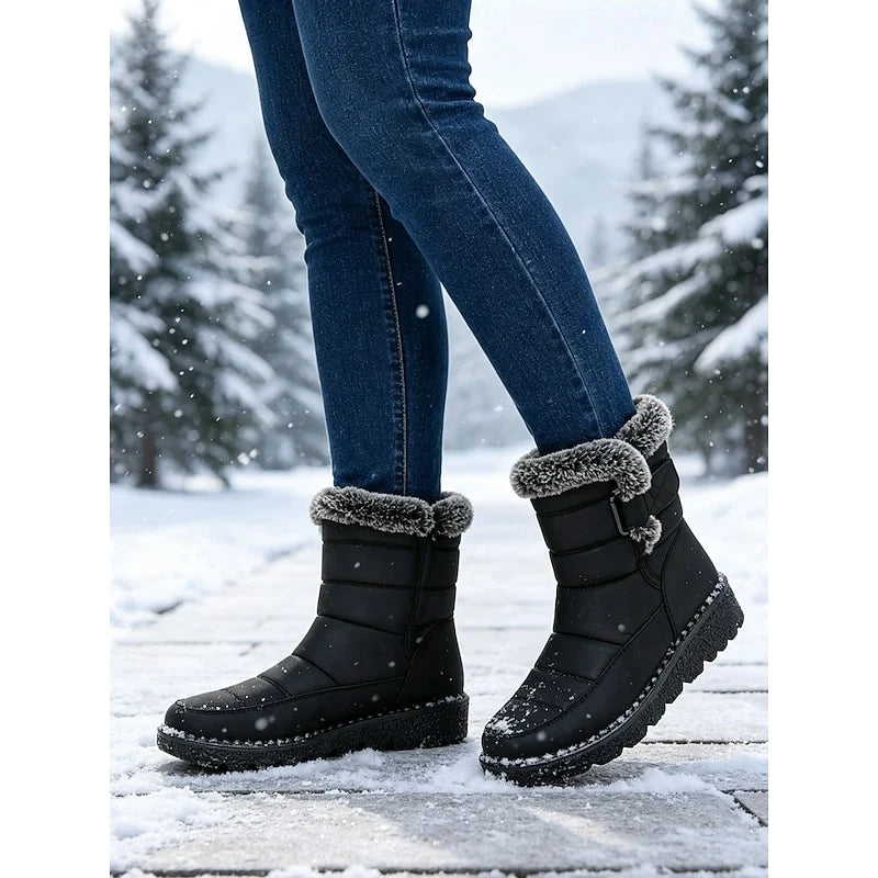 Women's blue fur-Trimmed Snow Boots with Buckle Strap for Winter