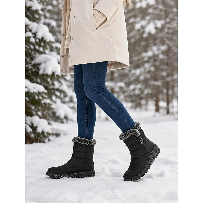 Women's blue fur-Trimmed Snow Boots with Buckle Strap for Winter