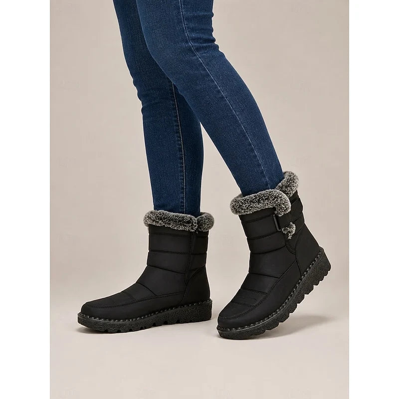 Women's blue fur-Trimmed Snow Boots with Buckle Strap for Winter