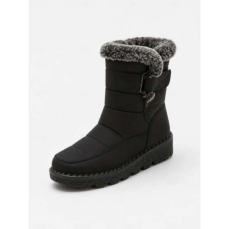 Women's blue fur-Trimmed Snow Boots with Buckle Strap for Winter