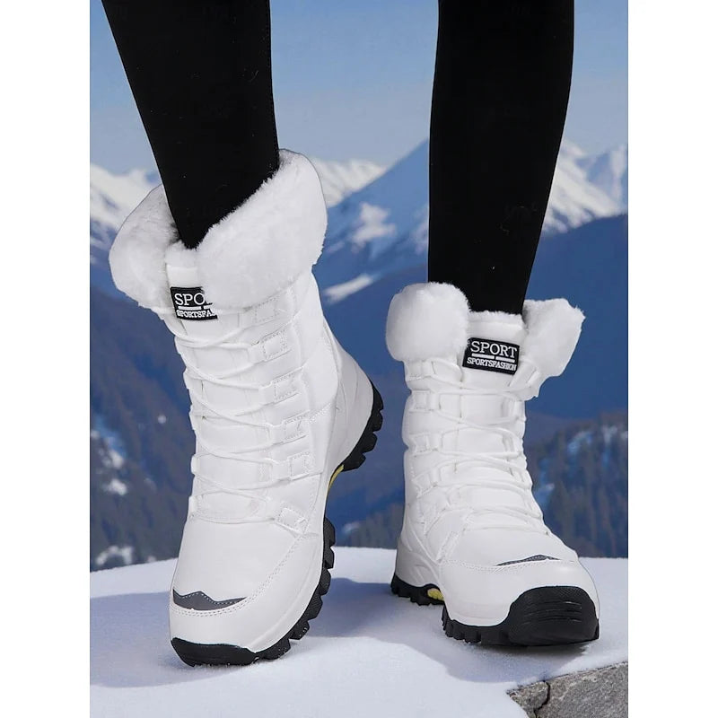 Women's white cozy insulated lace-up winter boots with pull-tab heel