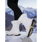 Women's white cozy insulated lace-up winter boots with pull-tab heel