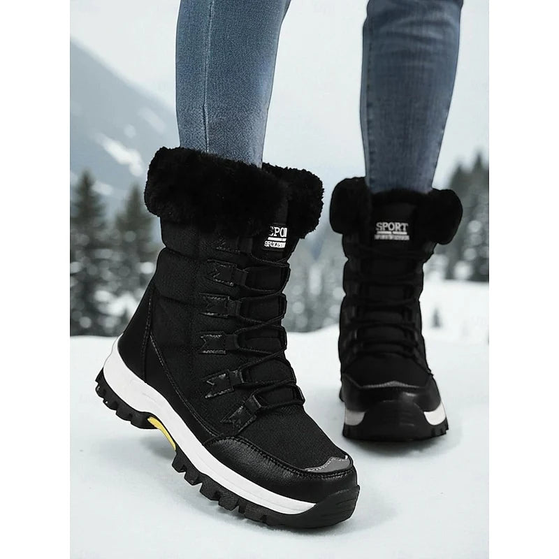 Women's black cozy insulated lace-up winter boots with pull-tab heel