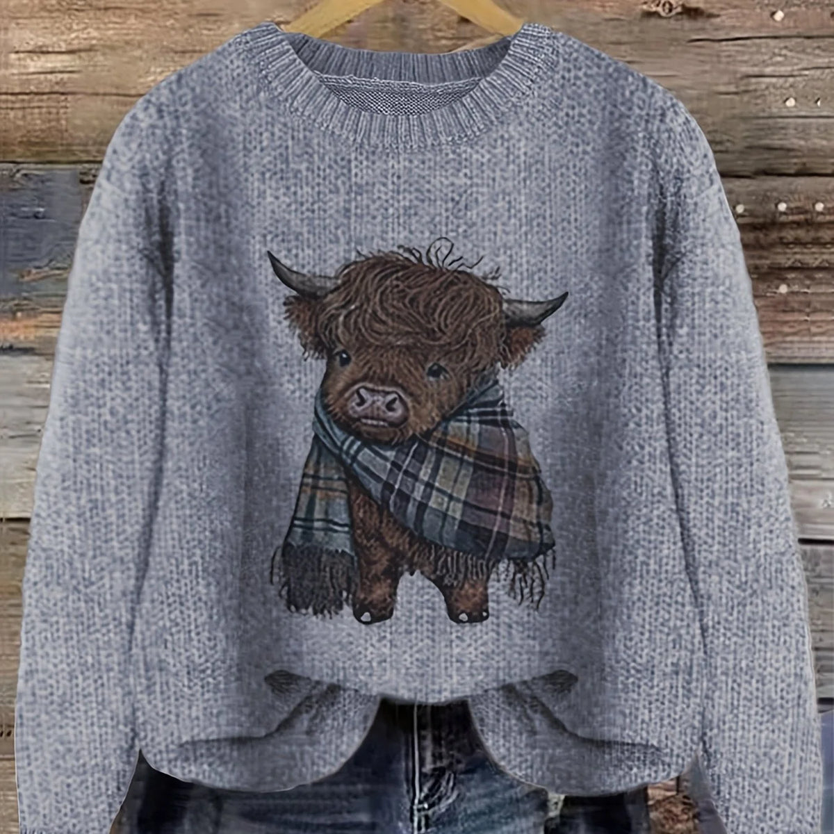 Women's blue cozy chunky-knit crewneck sweater for winter