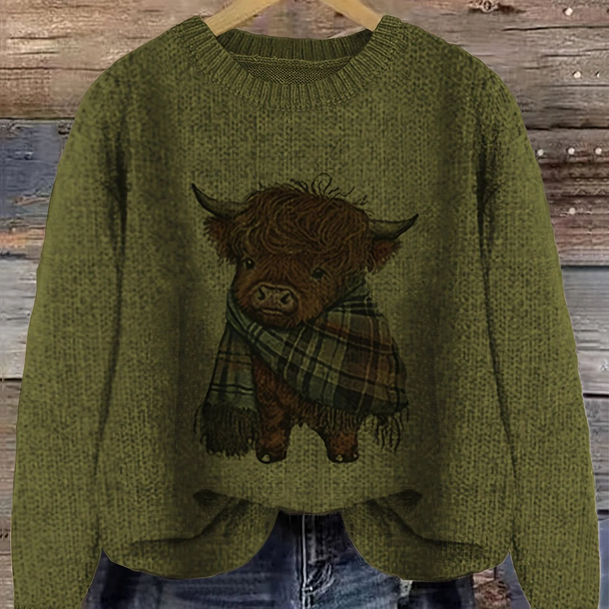 Women's olive green cozy chunky-knit crewneck sweater for winter