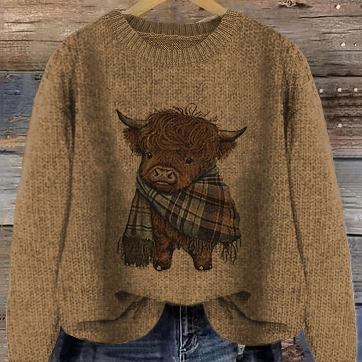 Women's dark brown cozy chunky-knit crewneck sweater for winter