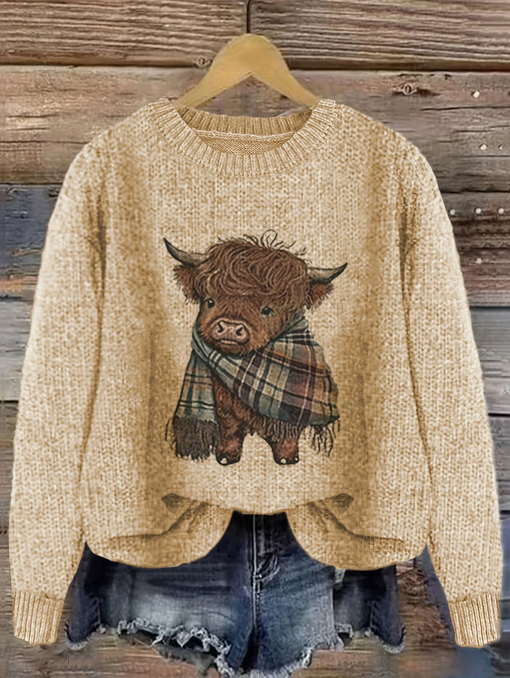 Women's apricot cozy chunky-knit crewneck sweater for winter