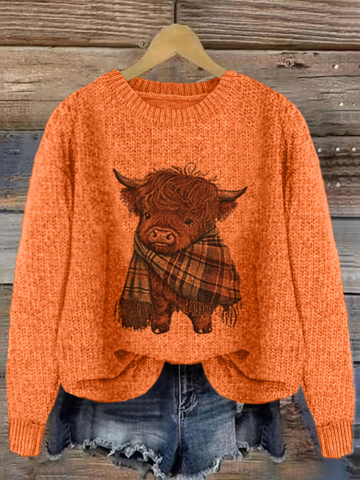 Women's apricot cozy chunky-knit crewneck sweater for winter