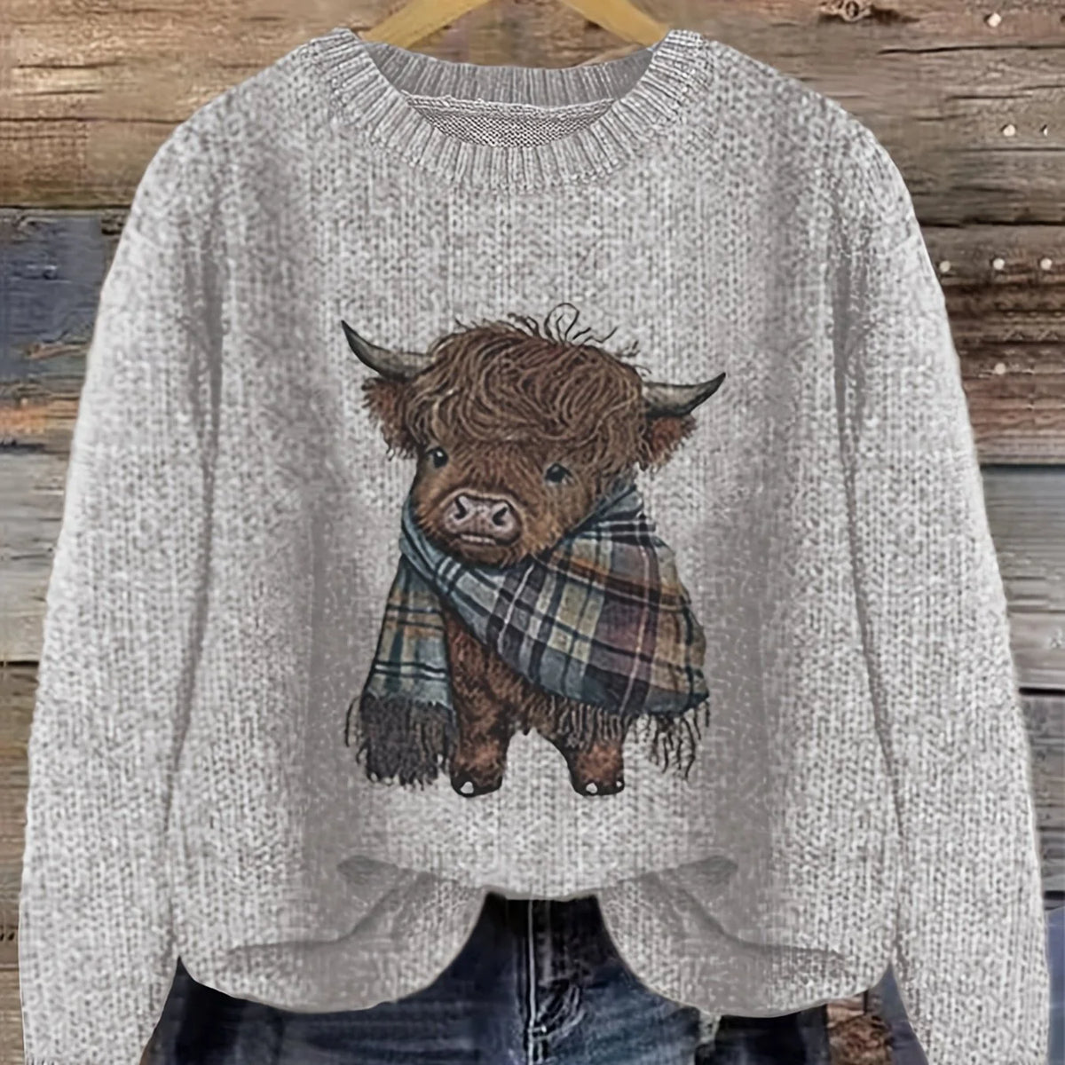 Women's light grey cozy chunky-knit crewneck sweater for winter