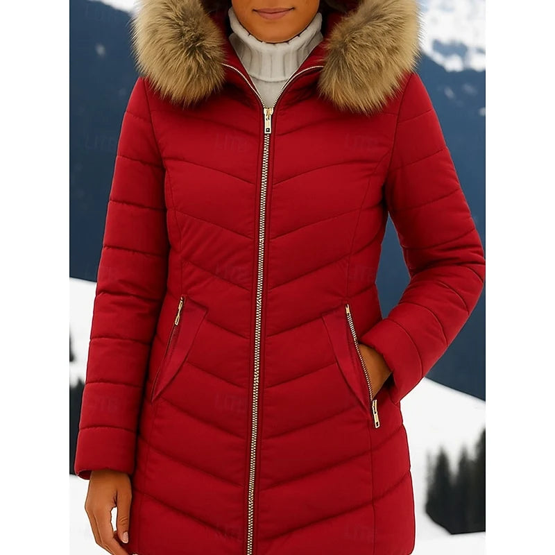 Women's red hooded quilted puffer coat with faux fur trim