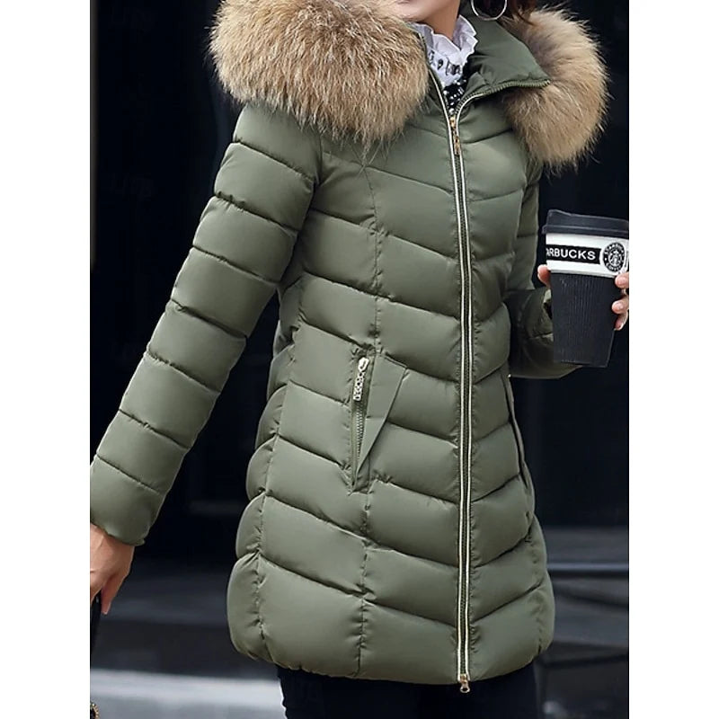 Women's army green hooded quilted puffer coat with faux fur trim