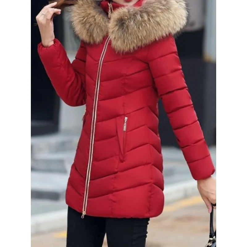 Women's red hooded quilted puffer coat, side profile view