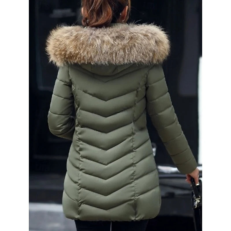 Women's army green hooded quilted puffer coat, full back view