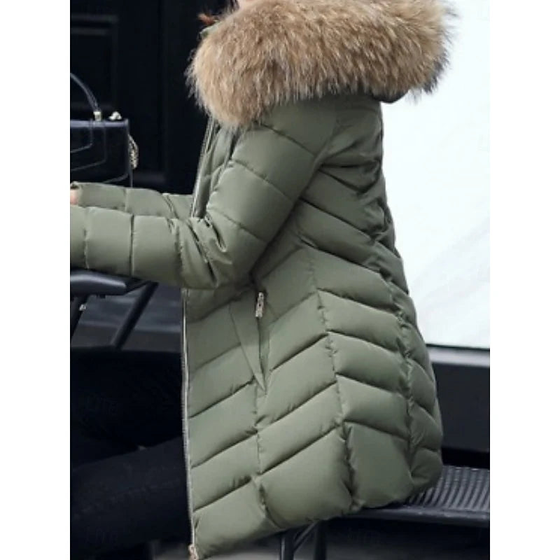 Women's army green hooded quilted puffer coat, side view