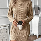 Women's khaki cable Knit Sweater Dress, Knee-Length for Winter