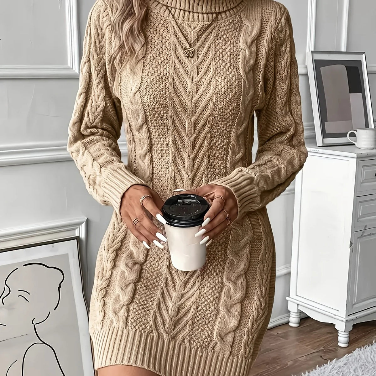 Women's khaki cable Knit Sweater Dress, Knee-Length for Winter