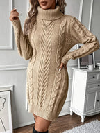 Women's khaki cable Knit Sweater Dress, Knee-Length for Winter
